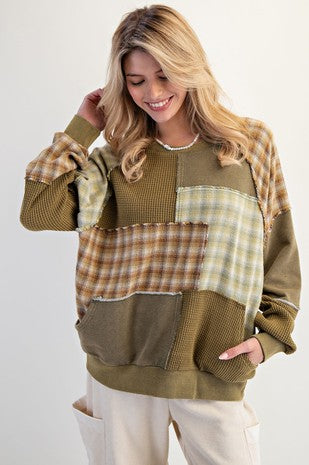 Cleo Plaid Patchwork Pullover in Mocha