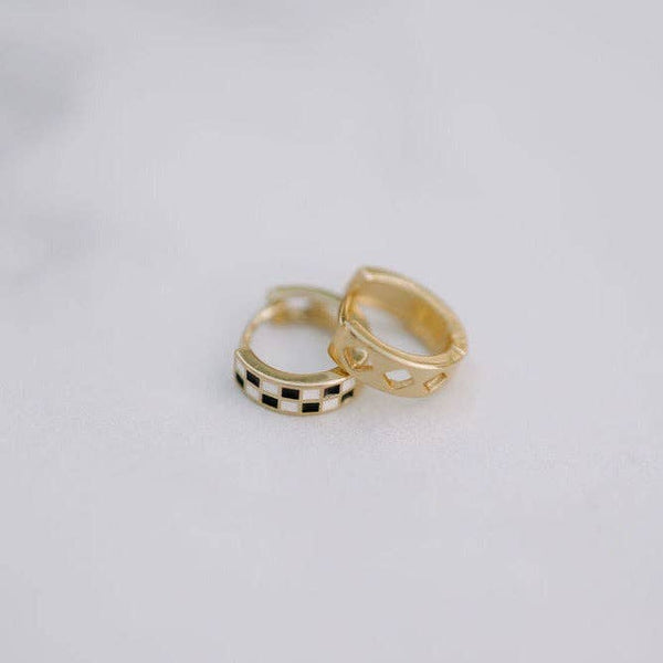 Black & White Checkered Hoops - Gold