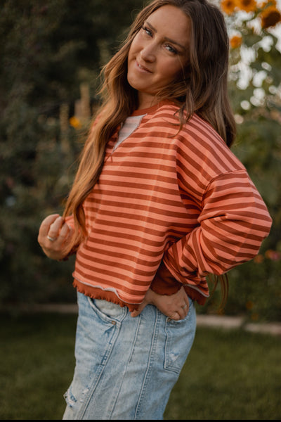 Emerson Coral and Maroon Striped Pullover with scalloped hem
