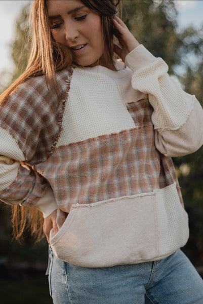 Cleo Plaid Patchwork Pullover in Oatmeal
