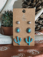 Turquoise Cactus Stud Earring Trio